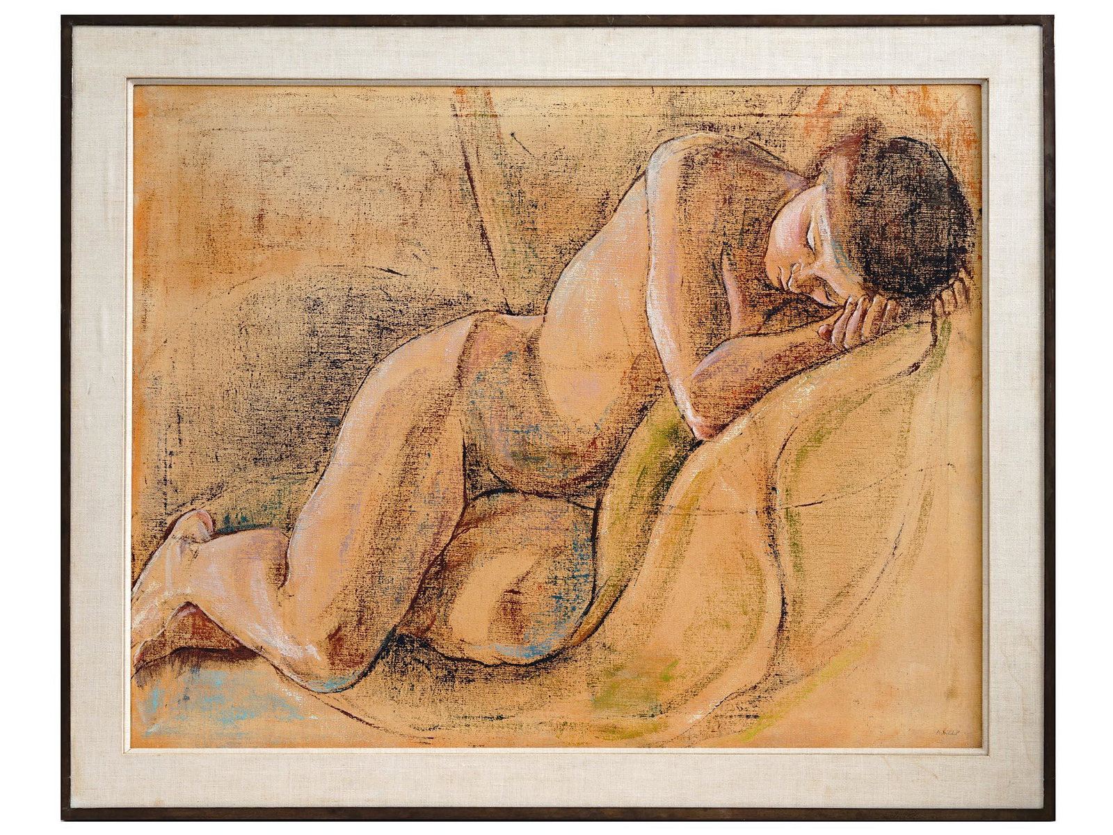 CONTEMPORARY FEMALE NUDE OIL PAINTING BY A. WOLF: Oil on canvas painting depicting a reclining nude woman. Signed by the artist in the lower right, A. Wolf. Wooden frame. Collectible Contemporary Fine Art For Interior Decor. Dimensions: Size: Frame 3
