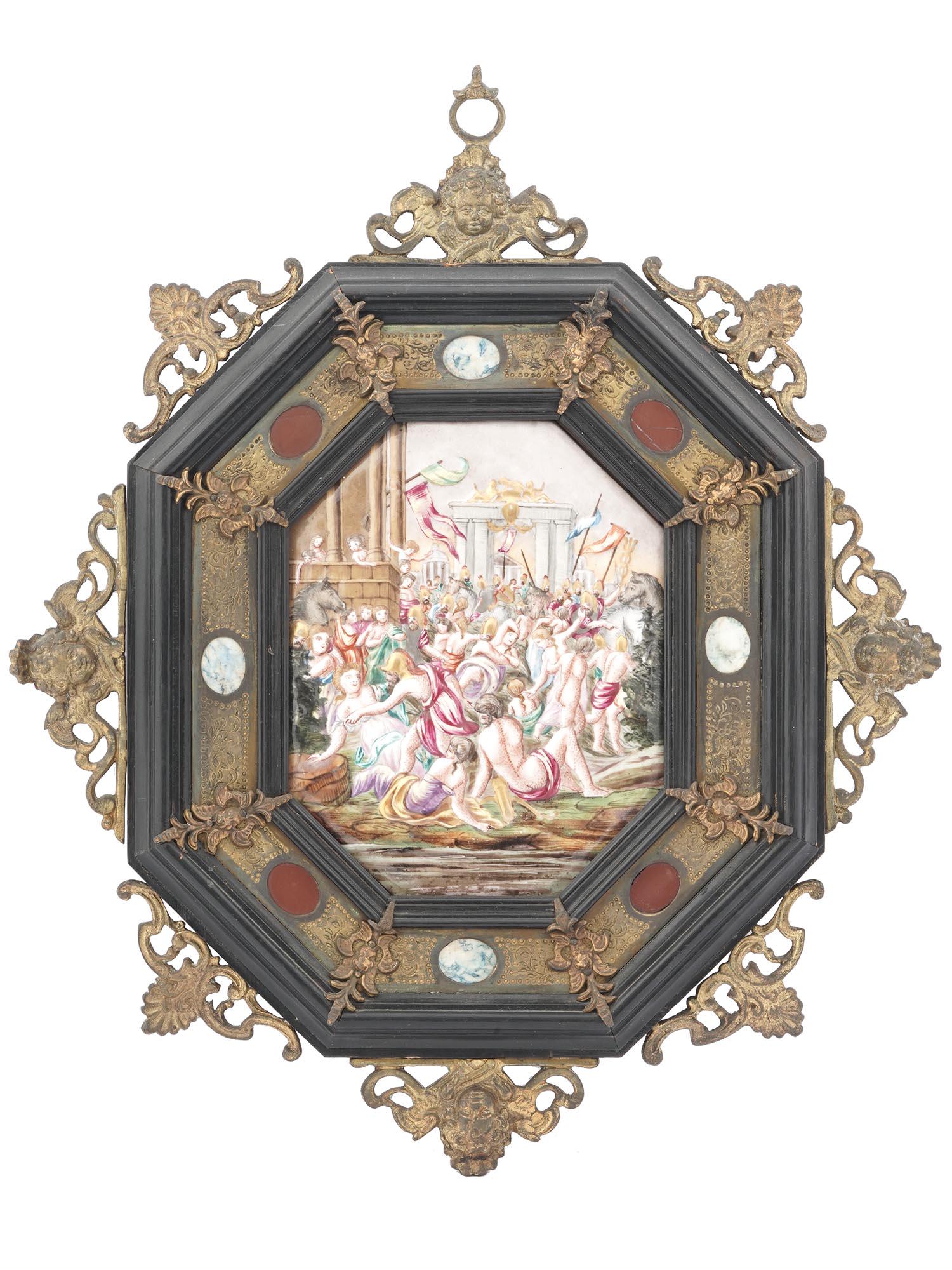 ANTIQUE CAPODIMONTE RELIEF PORCELAIN WALL PLAQUE: An antique Italian Capodimonte relief hand painted porcelain wall plaque depicting a genre scene, The Abduction of the Sabine Women. The plaque is adorned with gilding. The plaque is presented in an o