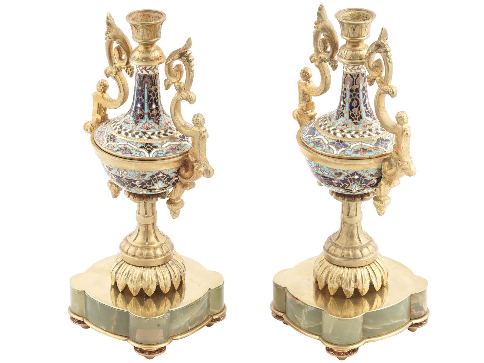 ANTIQUE ONYX CHAMPLEVE ENAMEL BRONZE CANDLESTICKS (1 of 8)