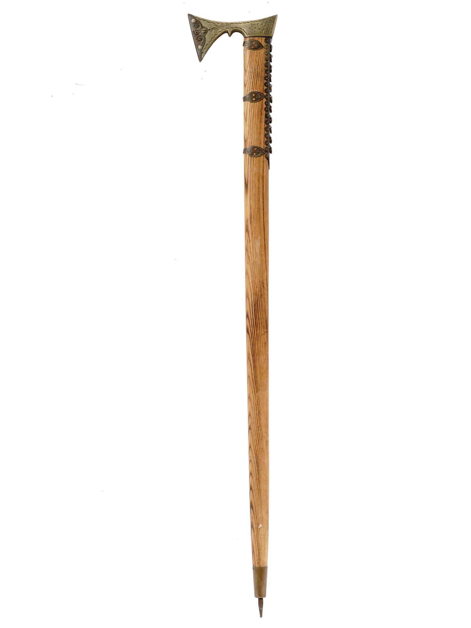 HAND CARVED AXE SHAPE METAL WOODEN WALKING CANE (1 of 4)
