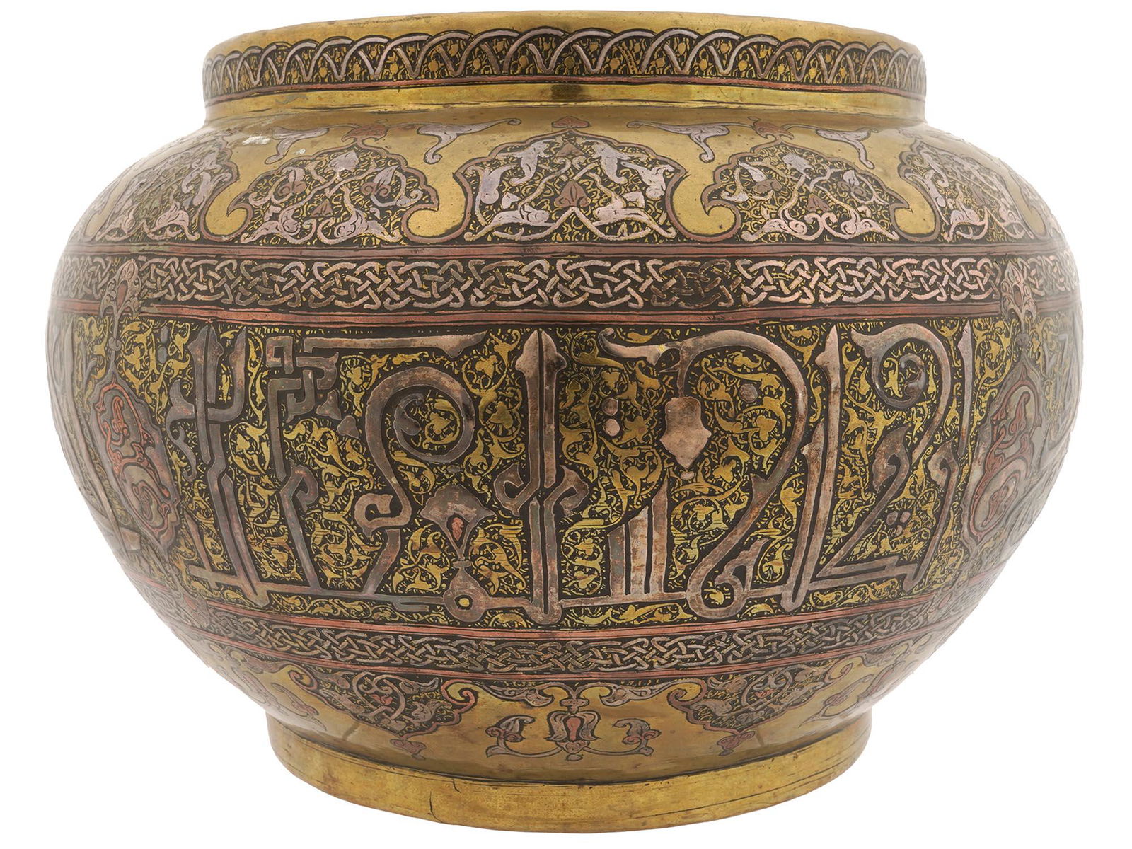 LARGE 19TH CEN SYRIAN SILVER INLAID COPPER BOWL (1 of 5)