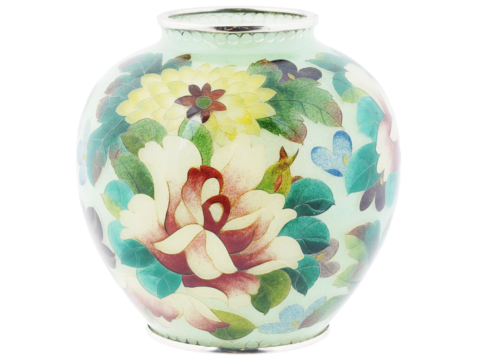 LARGE JAPANESE FLORAL PLIQUE A JOUR ENAMEL VASE: A large antique Japanese Meiji era enamel vase. The sphere shaped vase is covered with polychrome enamel foliage and floral patterns made in the Plique a Jour technique. Circa: early 20th century. Unm