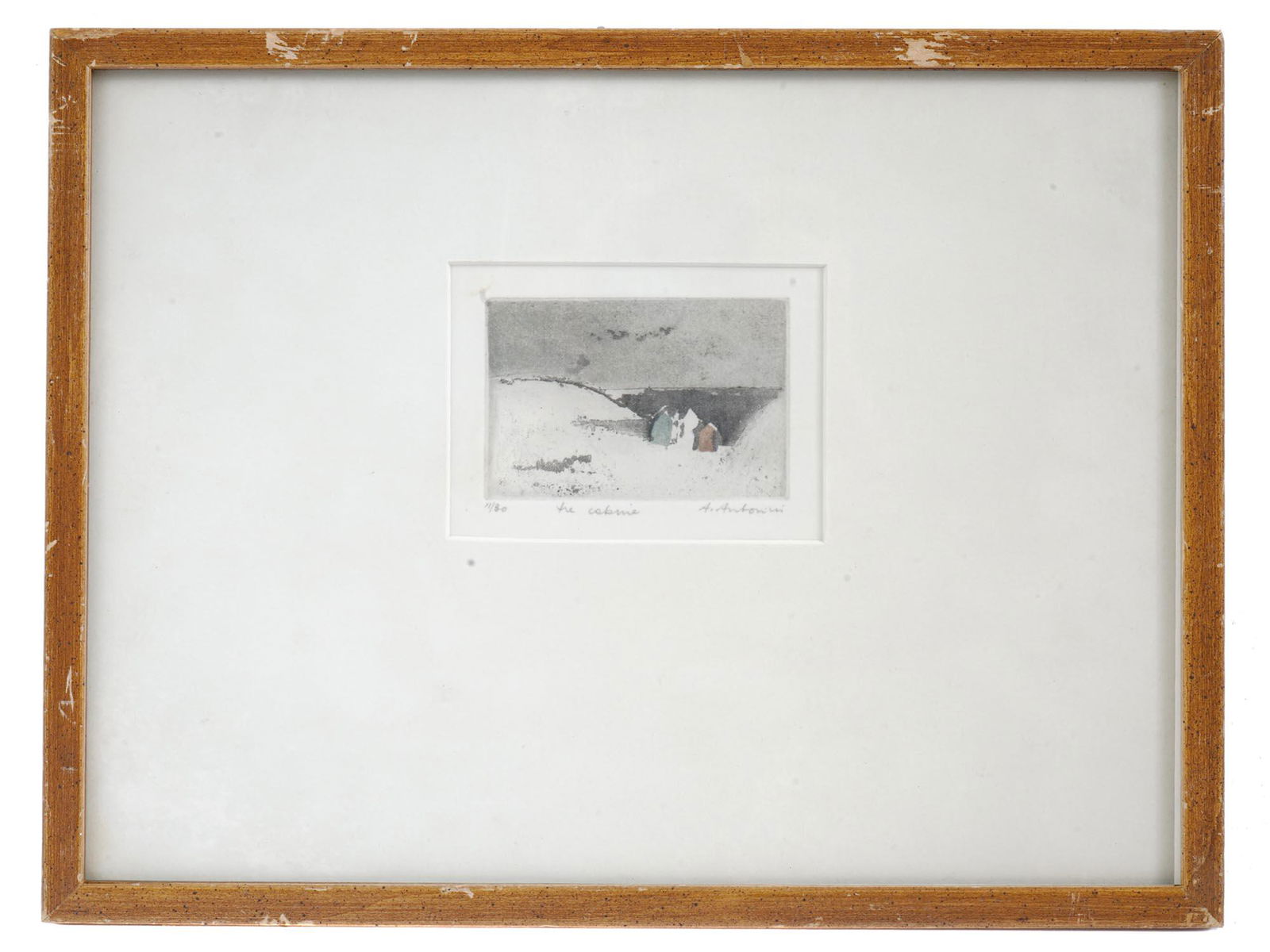 MID CENT LANDSCAPE ART PRINT BY ANNAPIA ANTONINI: A miniature color etching with aquatint print by Annapia Antonini, born 1942, a Swiss artist. The artwork depicts several huts in a snow valley. Signed by the artist in the lower right. Titled Le Cobn