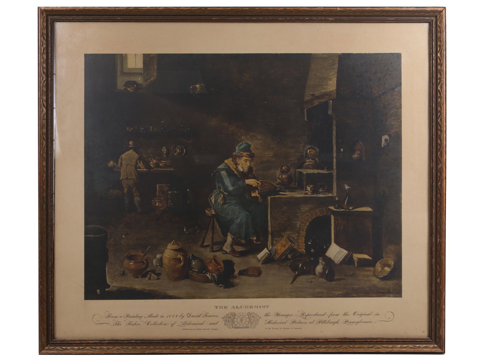 AN ANTIQUE PRINT OF THE ALCHEMIST BY D TENIERS: A vintage colored print of "The Alchemist", after painting made in 1648 by David Teniers the younger. Reproduced from the original in The Fisher Collection of Alchemical and Historical Pictures at Pit