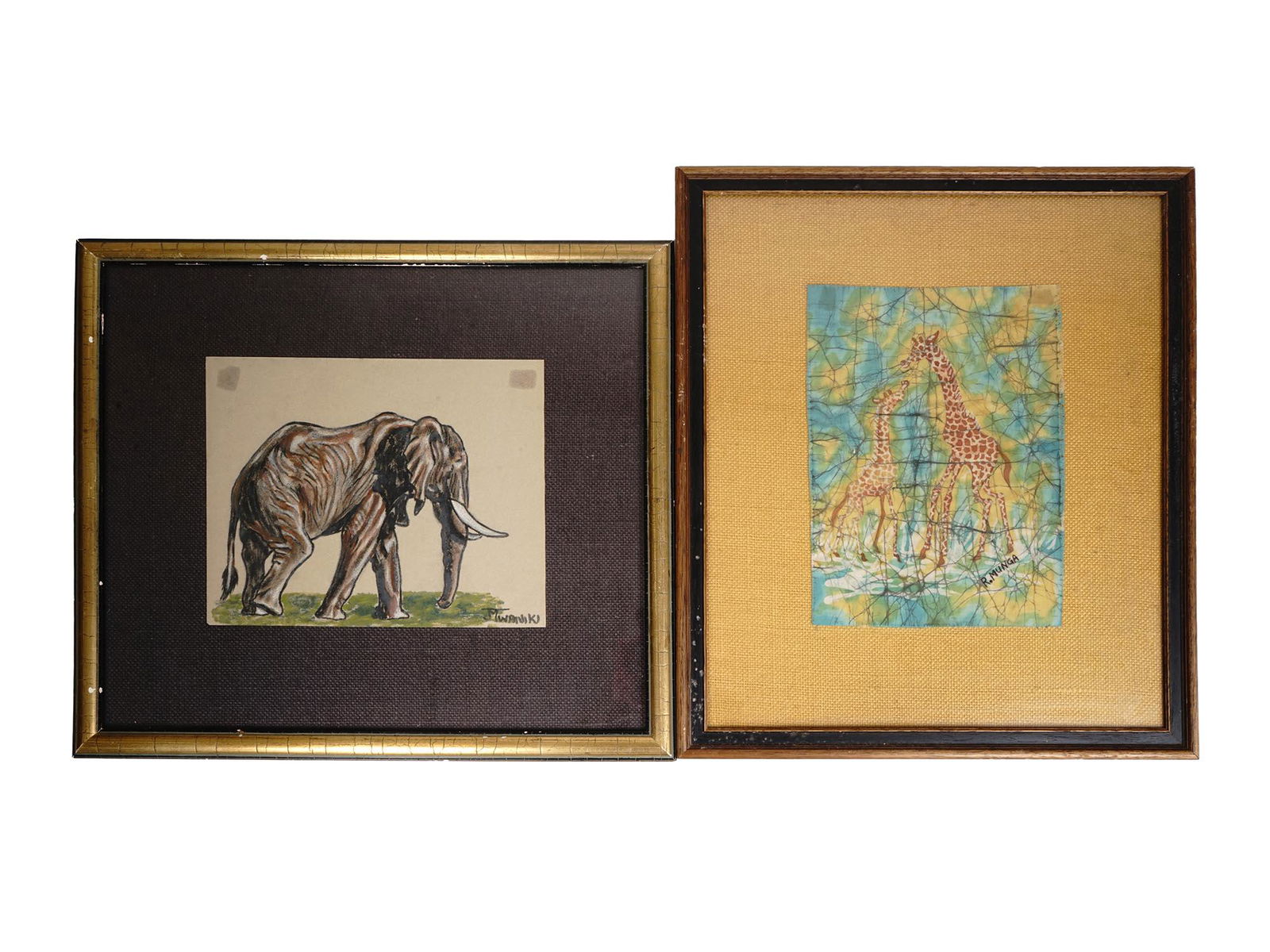 TWO FRAMED DRAWINGS ELEPHANT AND GIRAFFES SIGNED (1 of 10)
