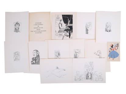 VINTAGE 1964 LITERARY CARICATURES BY DAVID LEVINE: A set of ten portrait prints from the Literary Caricatures by David Levine from The New York Review of Books issued in 1964. Also contains more mid century decor prints and paper