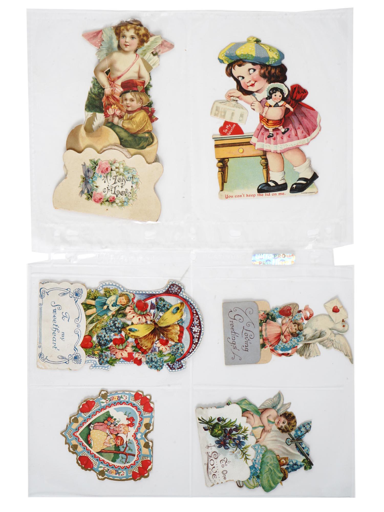 ANTIQUE VALENTINES DAY CARDS COLLECTION IN ALBUM: A collection of antique die cut Valentines Day cards and scraps. Time span: 1900 to 1940s. A total of 100 items. Printed in Germany. The cards can be opened up. Some cards are signed. The collection c