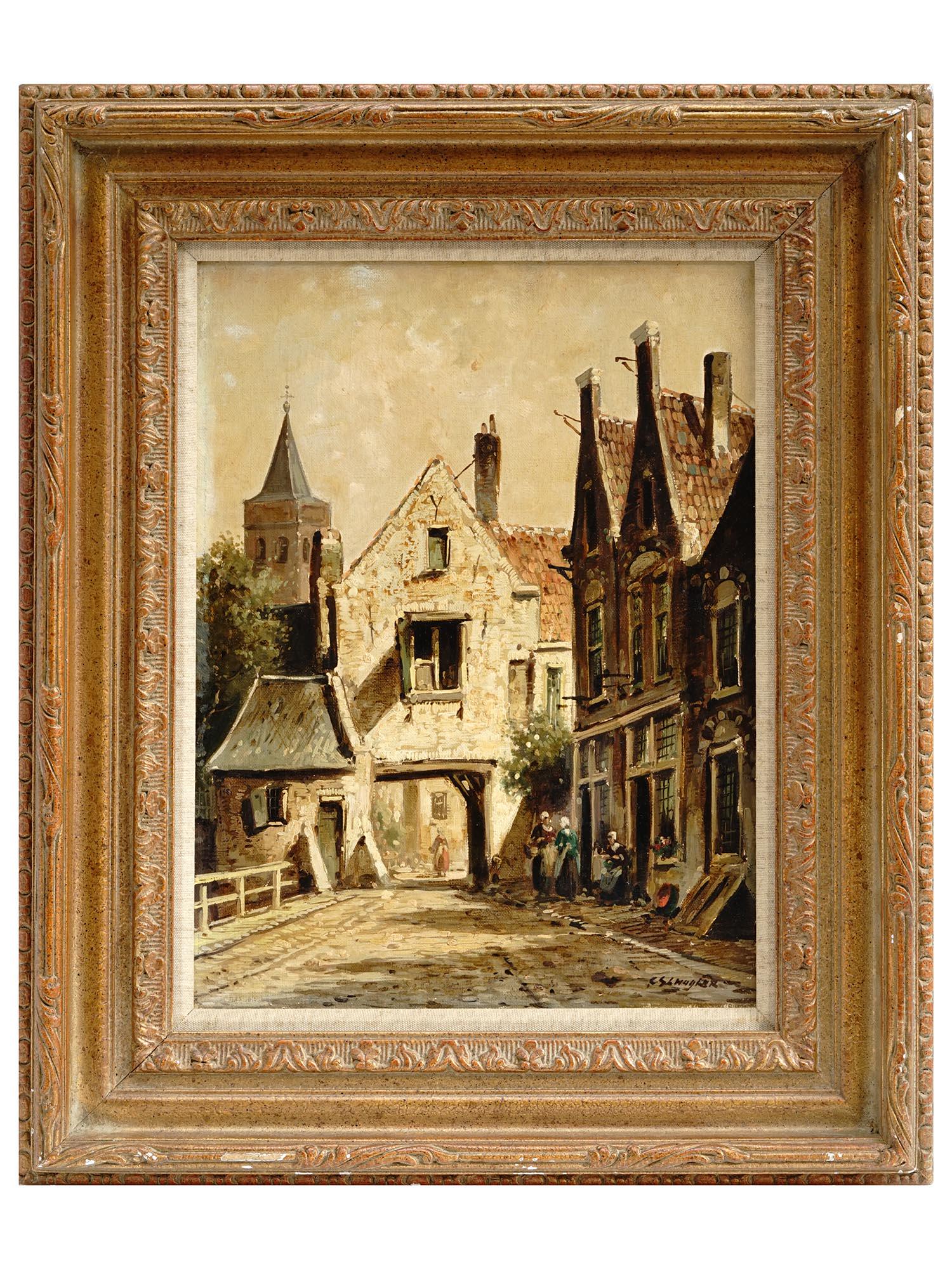 EUROPEAN SCHOOL OLD TOWN OIL PAINTING BY SHUYLER (1 of 4)