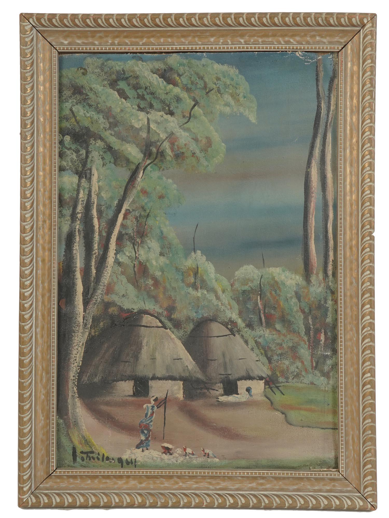 MID CENTURY FRENCH AFRICAN VILLAGE HOUSE PAINTING: A mid century French oil on canvas landscape painting depicting African village houses in the forest. Signed lower right. Framed. Mid Century Landscape Painting Collectibles. Dimensions: Size: Frame: 
