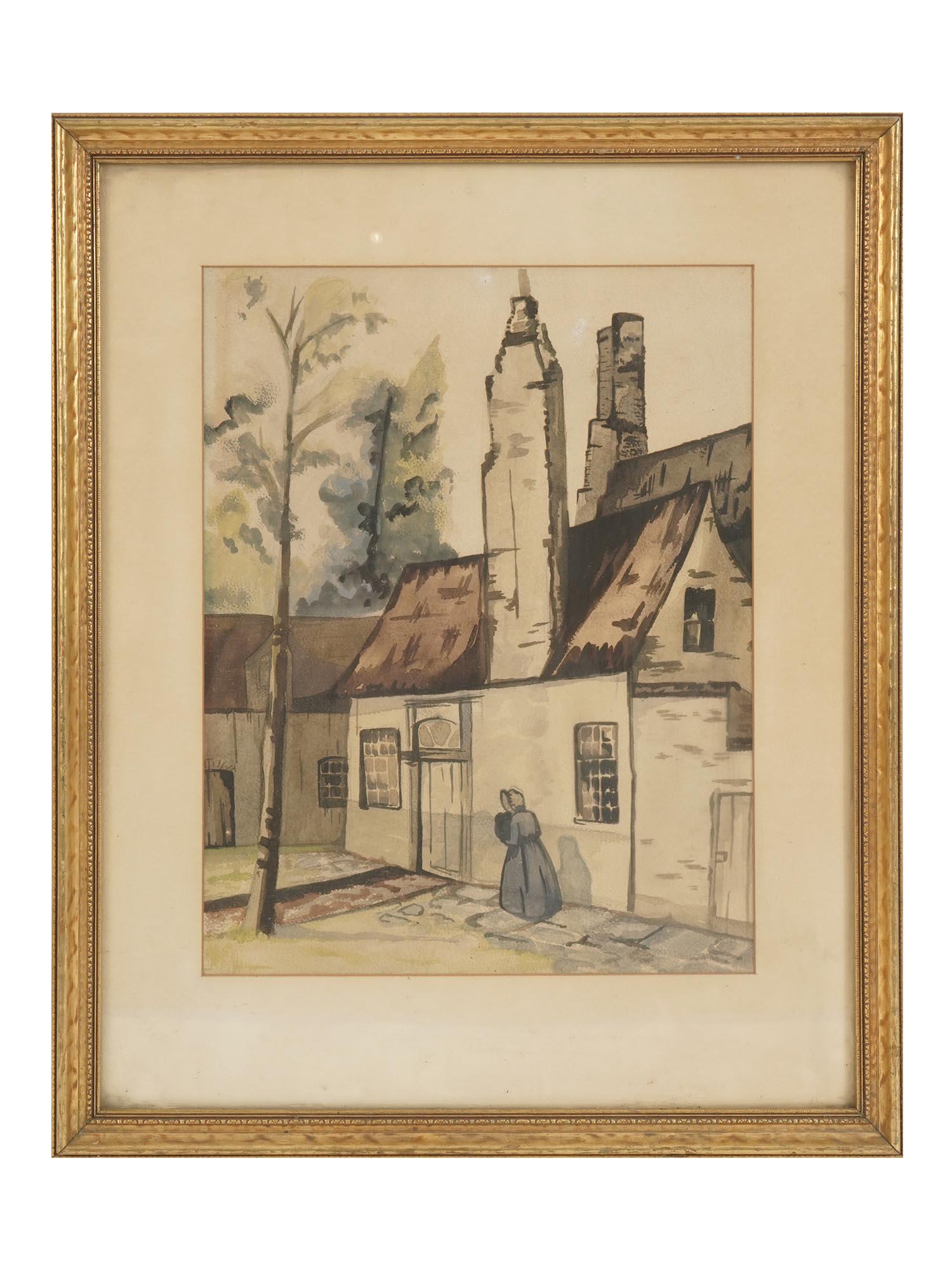 MID CENTURY BELGIUM WATERCOLOR PAINTING FRAMED: A mid century Belgian watercolor painting depicting a woman walking through a street in a town. Not signed. As marked on verso, the picture was framed at the McKelvey Co. Department Store in Youngstow
