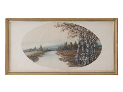 ANTIQUE 20TH C GOUACHE LANDSCAPE PAINTING SIGNED: An early 20th-century gouache on paper painting. A landscape depicting a stream in the field with birch trees during a thaw. Signed Myculy in the left. Oval-shaped picture, white mat, golden frame. An