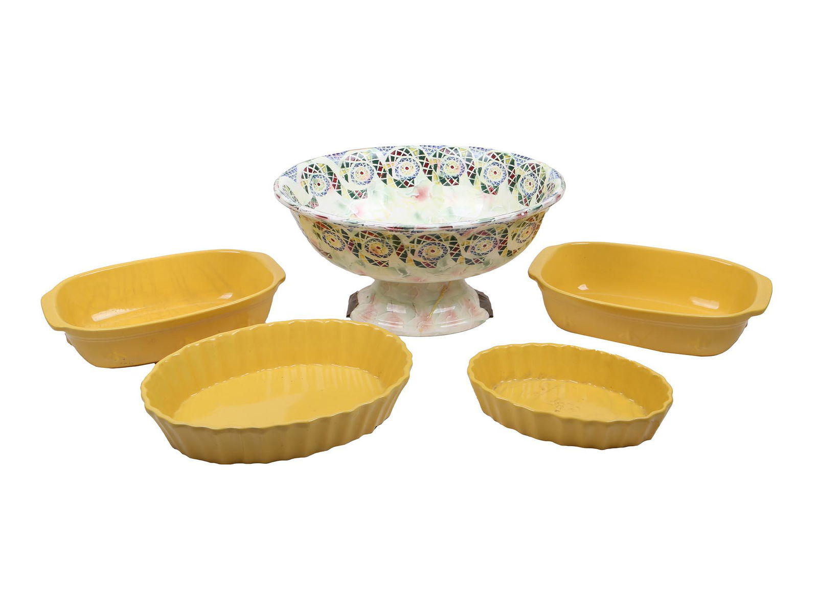 LOT OF VINTAGE CERAMIC SERVEWARE, ARM ITALY: A large vintage pasta bowl by ARM Ceramica, marked underneath: ARM, Made in Italy Hand Decorated Ceramic Dishwasher Proof; and four bright yellow glazed ceramic dishes of various sizes. Vintage Cerami