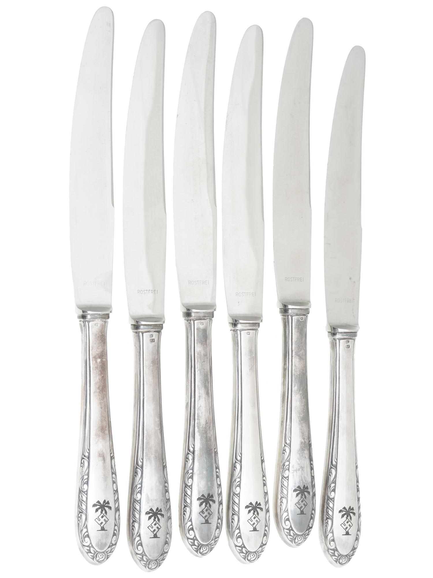 WWII AFRICAN CAMPAIGN NAZI OFFICERS KNIVES, 6 PCS: A set of World War II stainless steel knives from the Nazi German officers canteen, North African campaign. A total of 6 items. Each knive has an etched swastika against a palm tree on the handle. Mar