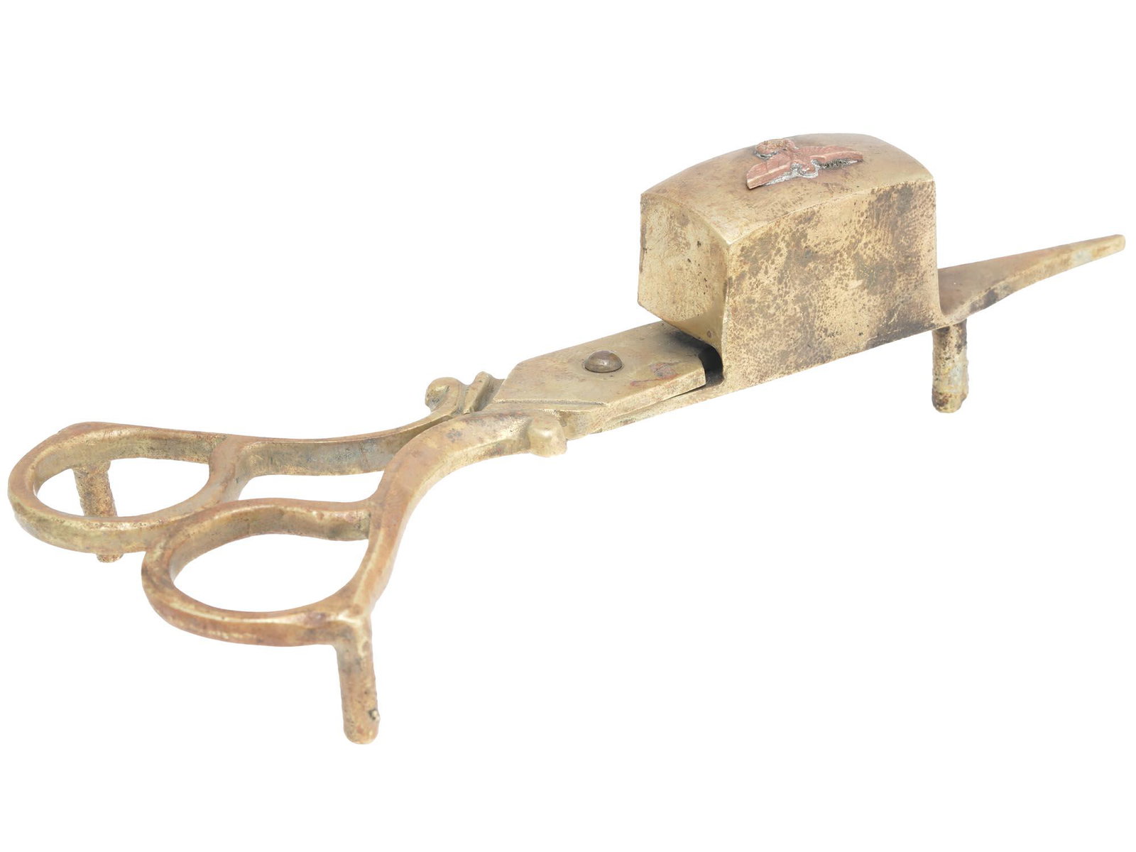 WWII GERMAN NSDAP OFFICIALS SCISSORS FOR CANDLES: A pair of World War II German golden candle wick scissors with a snuffer box. A relief Reichsadler with swastika decorates the snuffer box. Second World War Historical Collectables And Memorabilia, Va