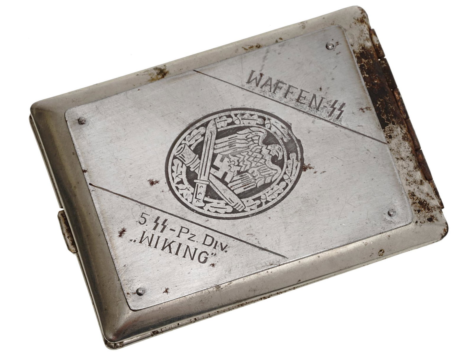WWII GERMAN SS DIVISION WIKING CIGARETTE CASE: A World War II Nazi German steel cigarette case with hinged lid. The lid is decorated with an etched Allgemeines Sturmabzeichen emblem and inscriptions Waffen SS, 5. SS Pz. Div. Wiking. Sun and star h