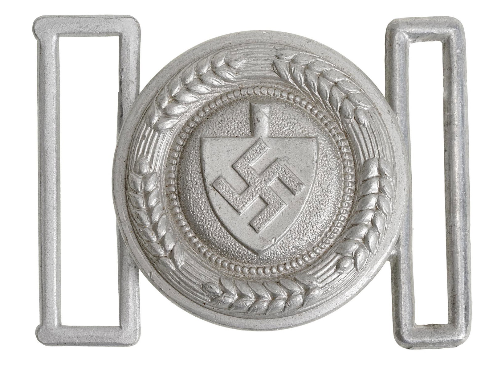 WWII GERMAN RAD LABOR FRONT OFFICERS BELT BUCKLE: A World War II Nazi German aluminum belt buckle. The buckle represents a RAD emblem, a shield with swastika encompassed with wheat ears. Hallmark OLC Geschutzt is on the backside. RAD, short for Reich