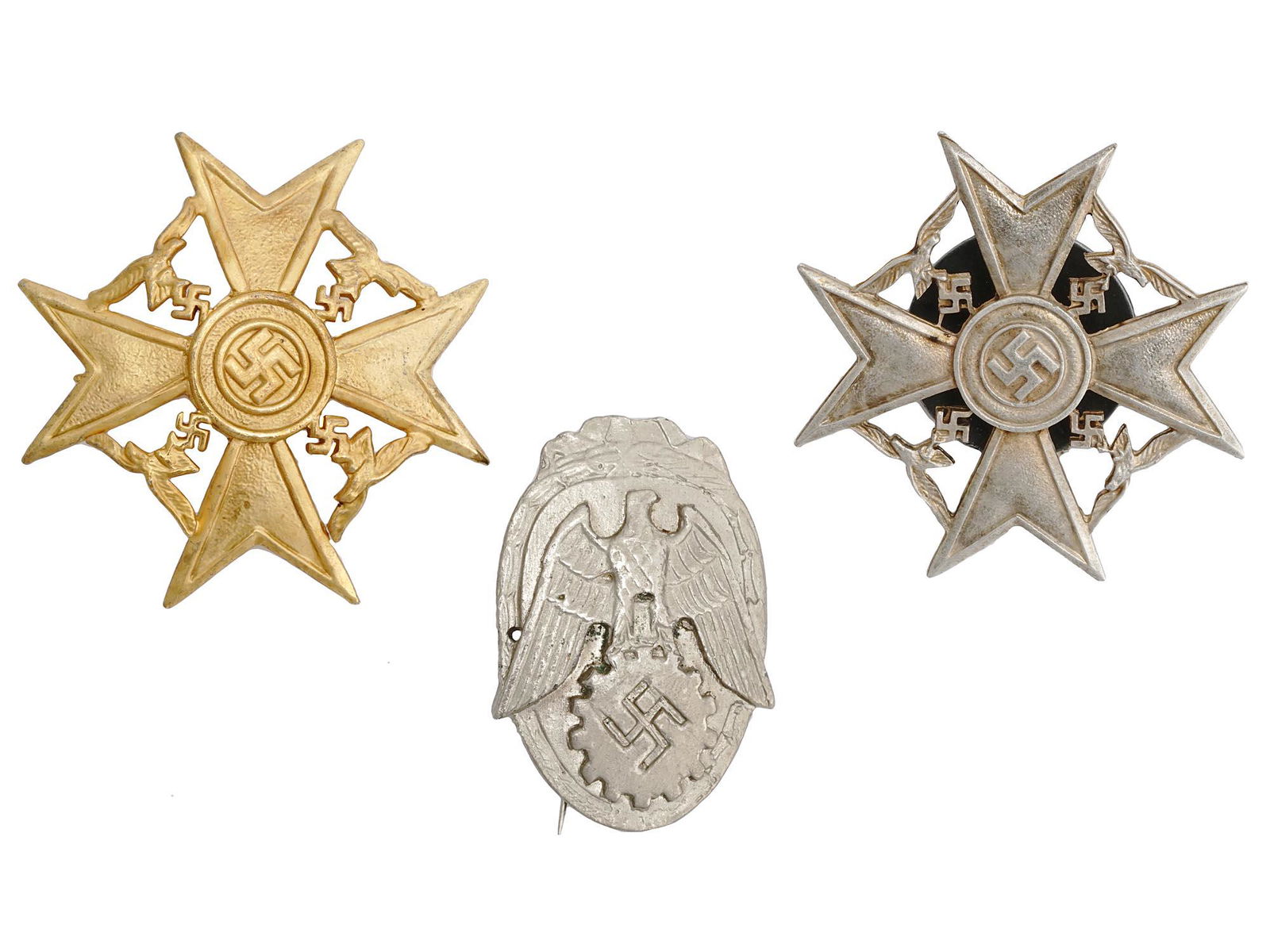 WWII NAZI GERMAN THIRD REICH BADGES, 2 PCS: A group of 2 German WWII awards: Spanish Cross in gold and silver and Todt award. Second World War Nazi German Third Reich Badges And War Memorabilia Collectibles. Dimensions: Size: (S) 1 3/8 x 2 in.