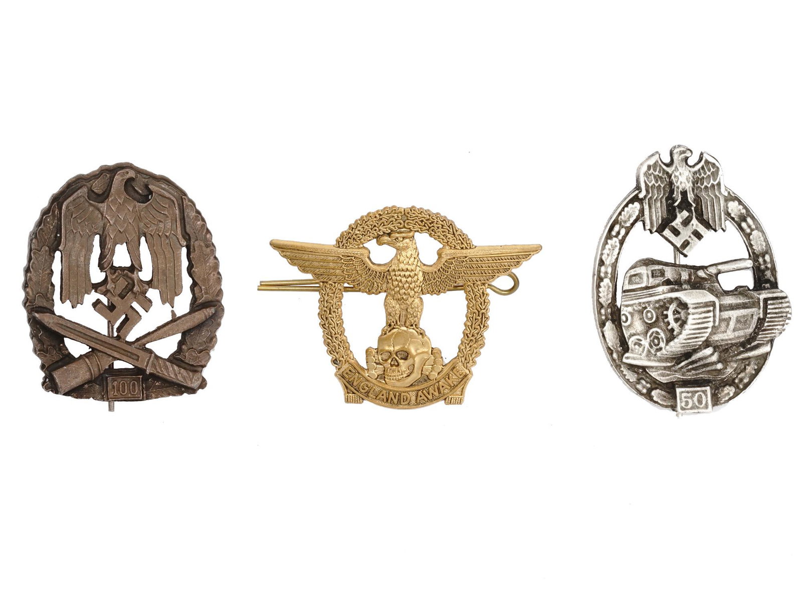 COLLECTION OF WWII NAZI GERMAN THIRD REICH BADGES: A collection of three WWII Nazi German Third Reich badges. The collection includes an Army Tank Assault, 50 assaults; an Army General Assault, 100 assaults, an England Awake badge with a Totenkopf swa
