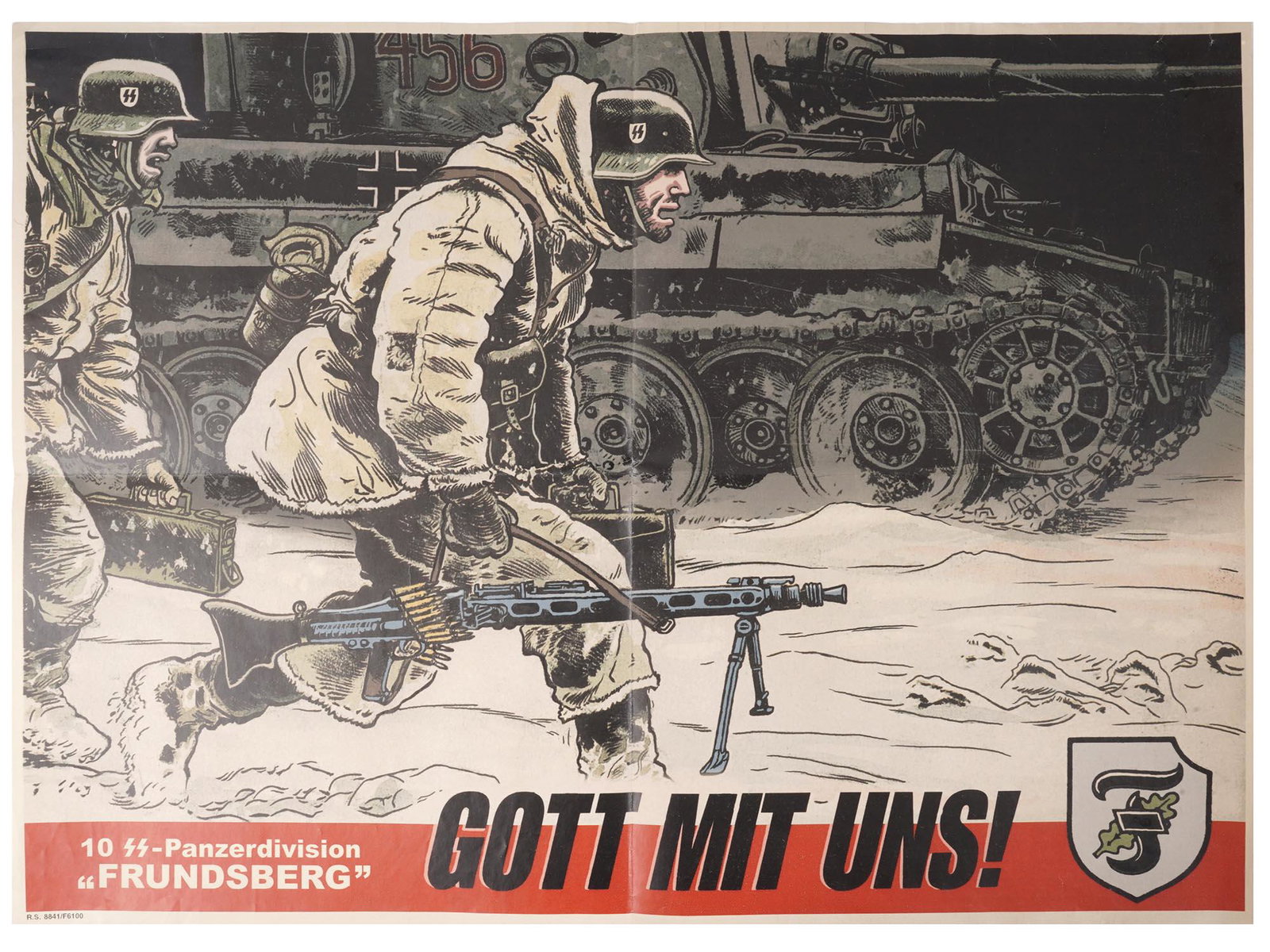 WWII NAZI GERMAN PANZER DIVISION PROPAGANDA POSTER: A German WWII poster promoting the Waffen SS Panzer Division Frundsberg. The main lettering in German Gott Mit Uns translated as God With Us. Marked on the lower left margin: R.S. 8841 F61100. Second 