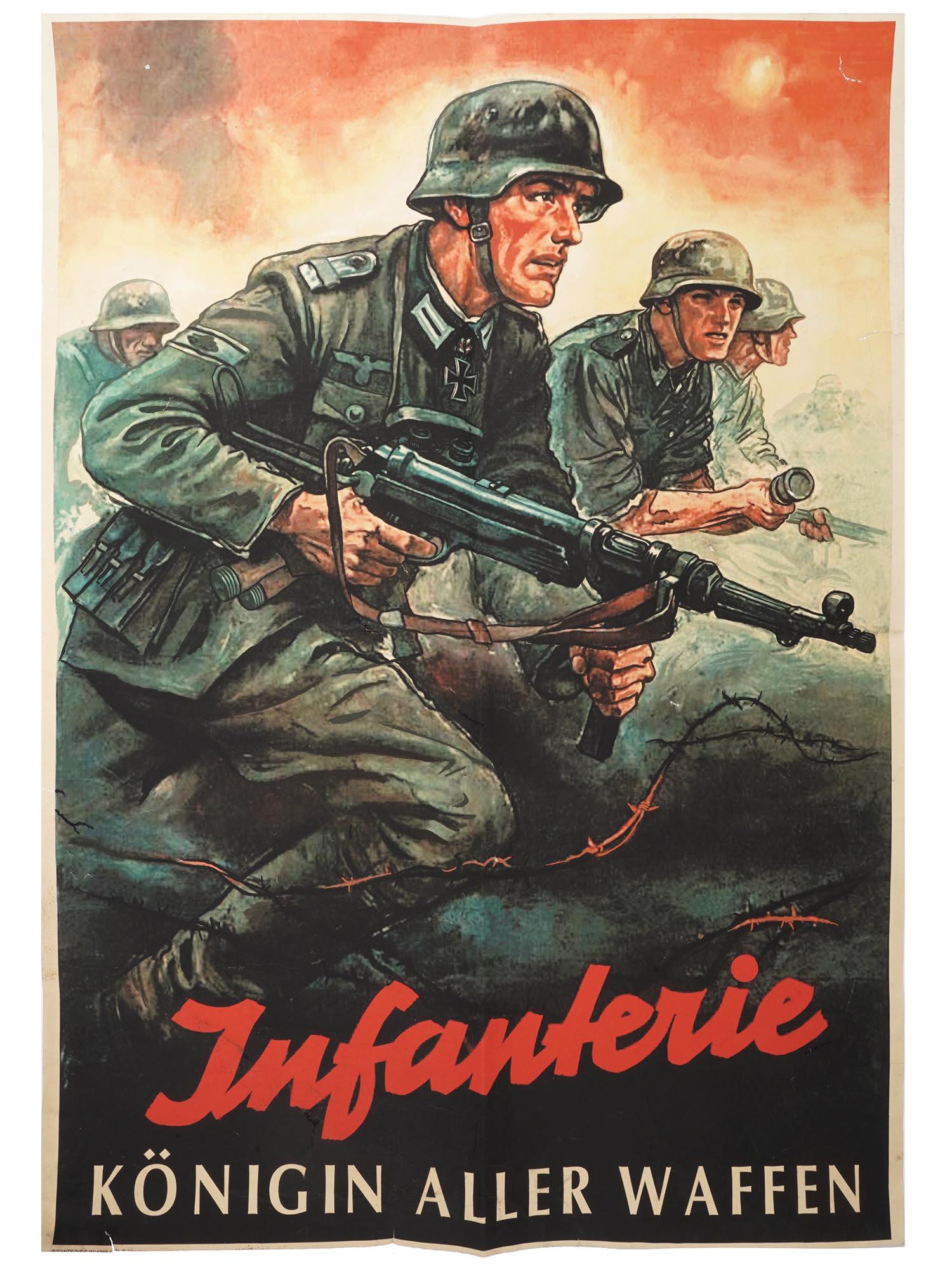 WWII NAZI GERMAN THIRD REICH INFANTRY POSTER: A WWII German poster showing attacking Nazi soldiers. The text in German reads Infanterie! KÃ¶nigin Aller Waffen! And translated as Infantry! Queen of all weapons! Second World War German Nazi Propa