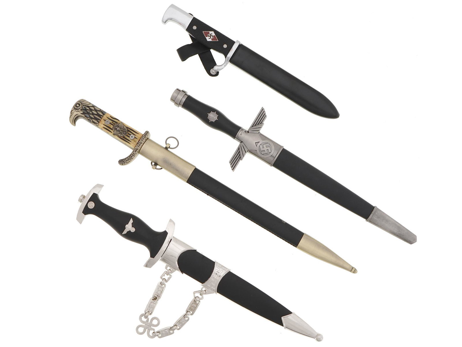 GERMAN WWII DAGGERS HITLER YOUTH SS RLB OFFICER: A group of 4 Chinese-made reproductions of German WWII daggers with scabbards: Hitler Youth, SS, RLB officer 1st model, police dress bayonet. Marked to their blades: Stainless China. WWII German Milit
