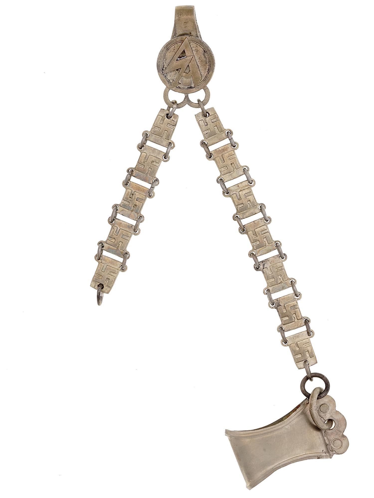 WWII NAZI GERMAN THIRD REICH SA DAGGER HANGER: A German WWII hanger with Swastika links for SA dagger. Second World War German Militaria And War Memorabilia Collectibles. Dimensions: Size: 11 1/4 in. All measurements are approximate.