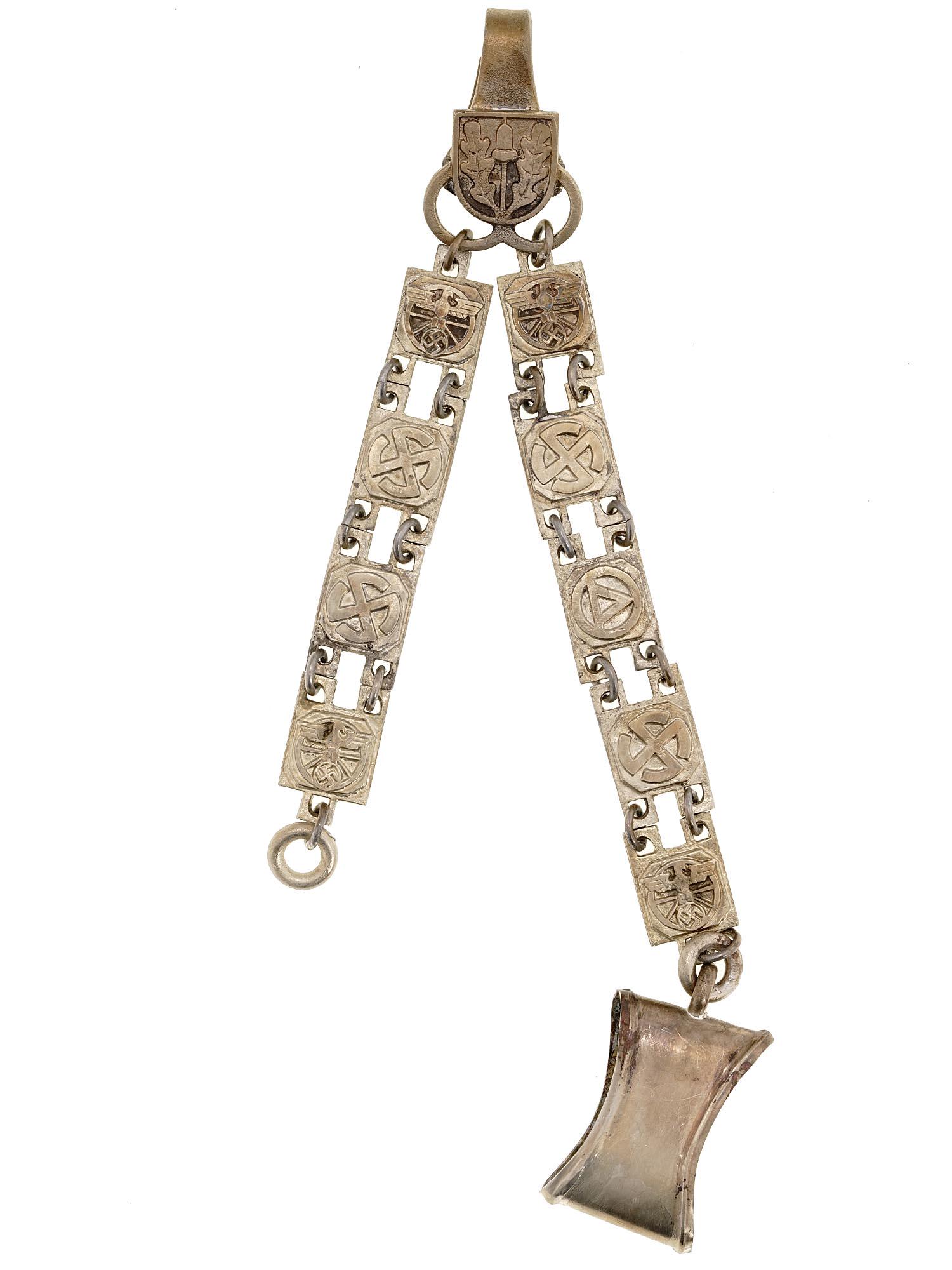 WWII NAZI GERMAN THIRD REICH NSKK DAGGER HANGER: A German WWII hanger for NSKK dagger. Links have the runic symbols and the NSKK insignias. Second World War German Militaria And War Memorabilia Collectibles. Dimensions: Size: 12 1/2 in. All measurem