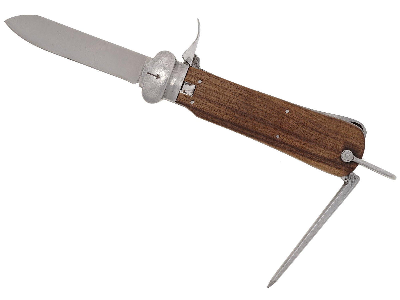 WWII GERMAN LUFTWAFFE PARATROOPER GRAVITY KNIFE: A World War II Nazi German gravity knife. Wooden handle, stainless steel blade and fittings. The blade is released by the lever on the side of the handle and slides in and out using gravity. There is 