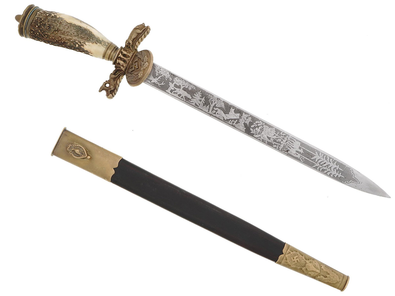 WWII NAZI GERMAN HUNTING DAGGER WITH SCABBARD: A World War II Nazi German hunting dagger. The stainless steel blade is garnished with etching depicting a swastika and motto Gott Mit Uns, God is with Us, on the recto side, trees and animals on the 