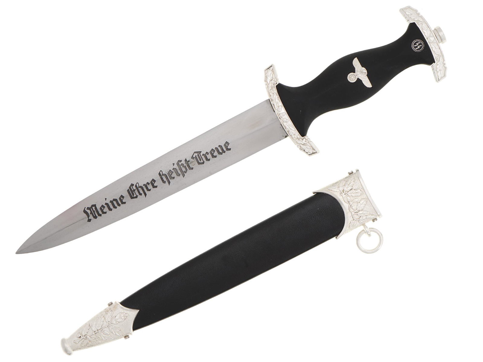 WWII NAZI GERMAN SS EHRENDOLCH HONOR DAGGER: A World War II Nazi German SS Ehrendolch, or honor dagger. The stainless steel blade is garnished with etching, the motto Meine Ehre Heisst Treue, Loyalty is My Honour, on the recto side, inscription 