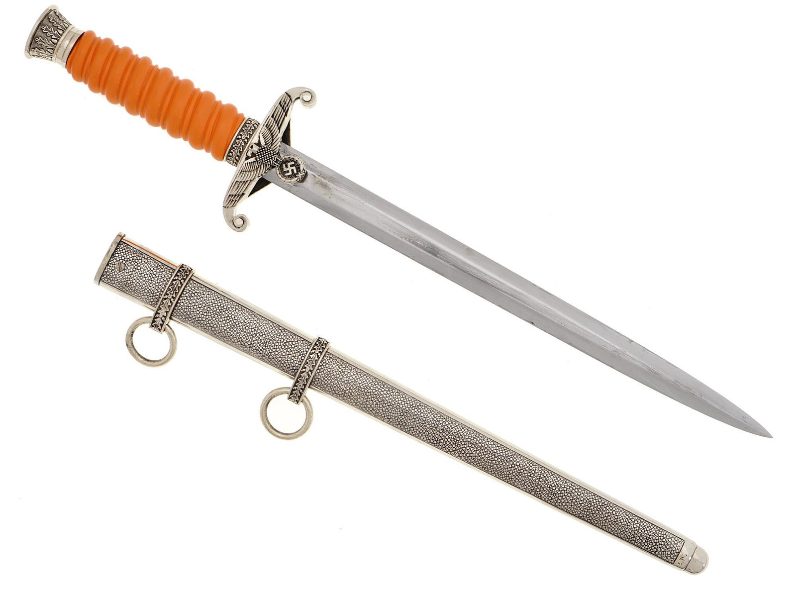 WWII NAZI GERMAN ARMY OFFICERS DAGGER BY EICKHORN: A WWII Nazi German army officers dagger features a forged steel nickel-silver plated construction, and a stiletto-style blade with a flat central ridge. The obverse crossguard shows the embossed army-