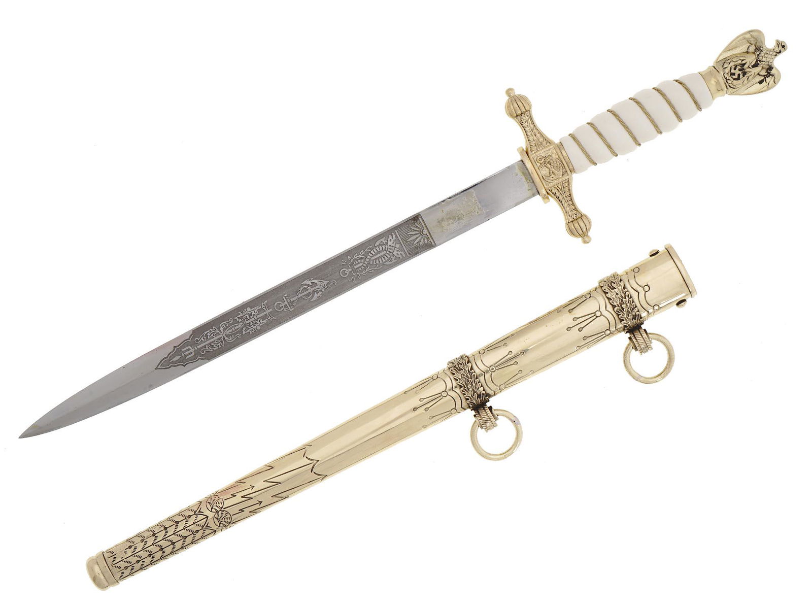 NAZI GERMAN WWII NAVAL OFFICERS DAGGER W SCABBARD: A Nazi German WWII naval officer dagger or Kriegsmarine Offizier Dolch. The nickel-plated steel blade is two-edged and has decorative etching with marine ornaments. Hallmarked on the blade: E. Bonsman