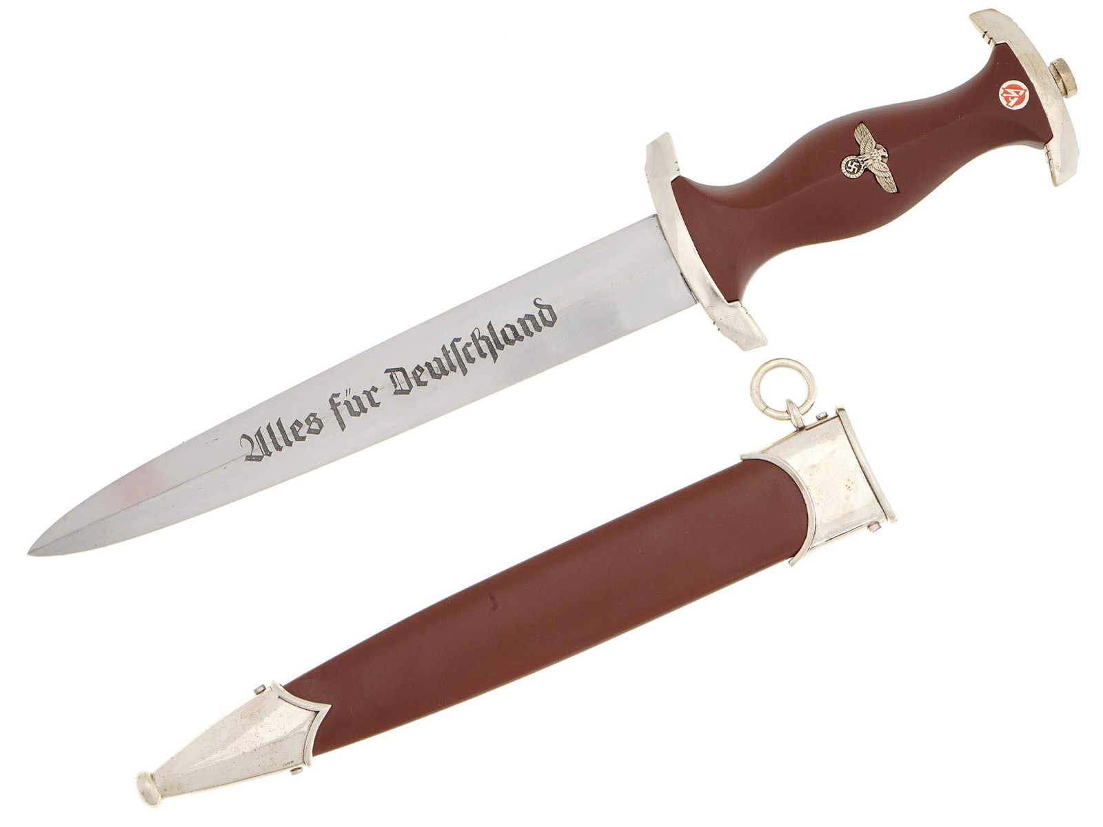 WWII NAZI GERMAN SA ALLES FUR DEUTSCHLAND DAGGER: A WWII Nazi German SA dagger. The double edged steel blade of the dagger is engraved with a motto in German, Alles Fur Deutschland, Everything for Germany. The dagger features a fruitwood grip with an