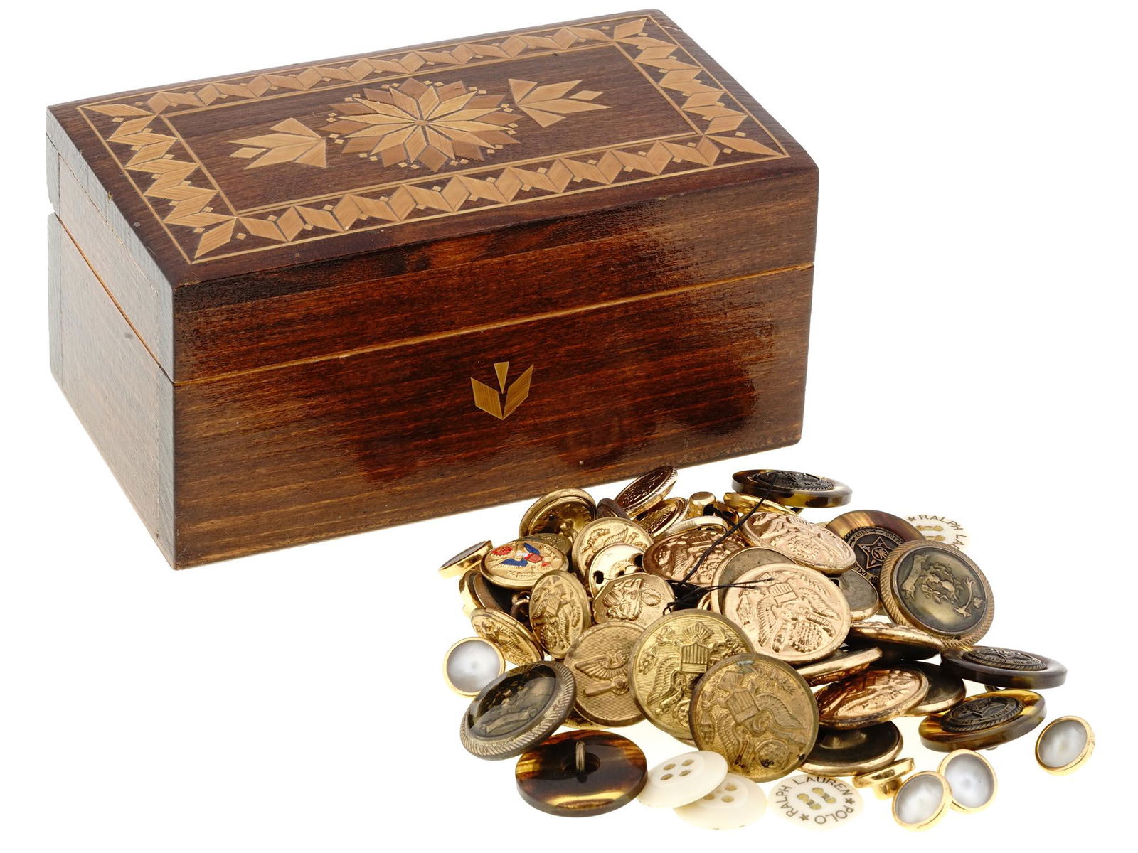 LARGE COLLECTION OF VARIOUS BUTTONS IN WOOD CASE (1 of 4)