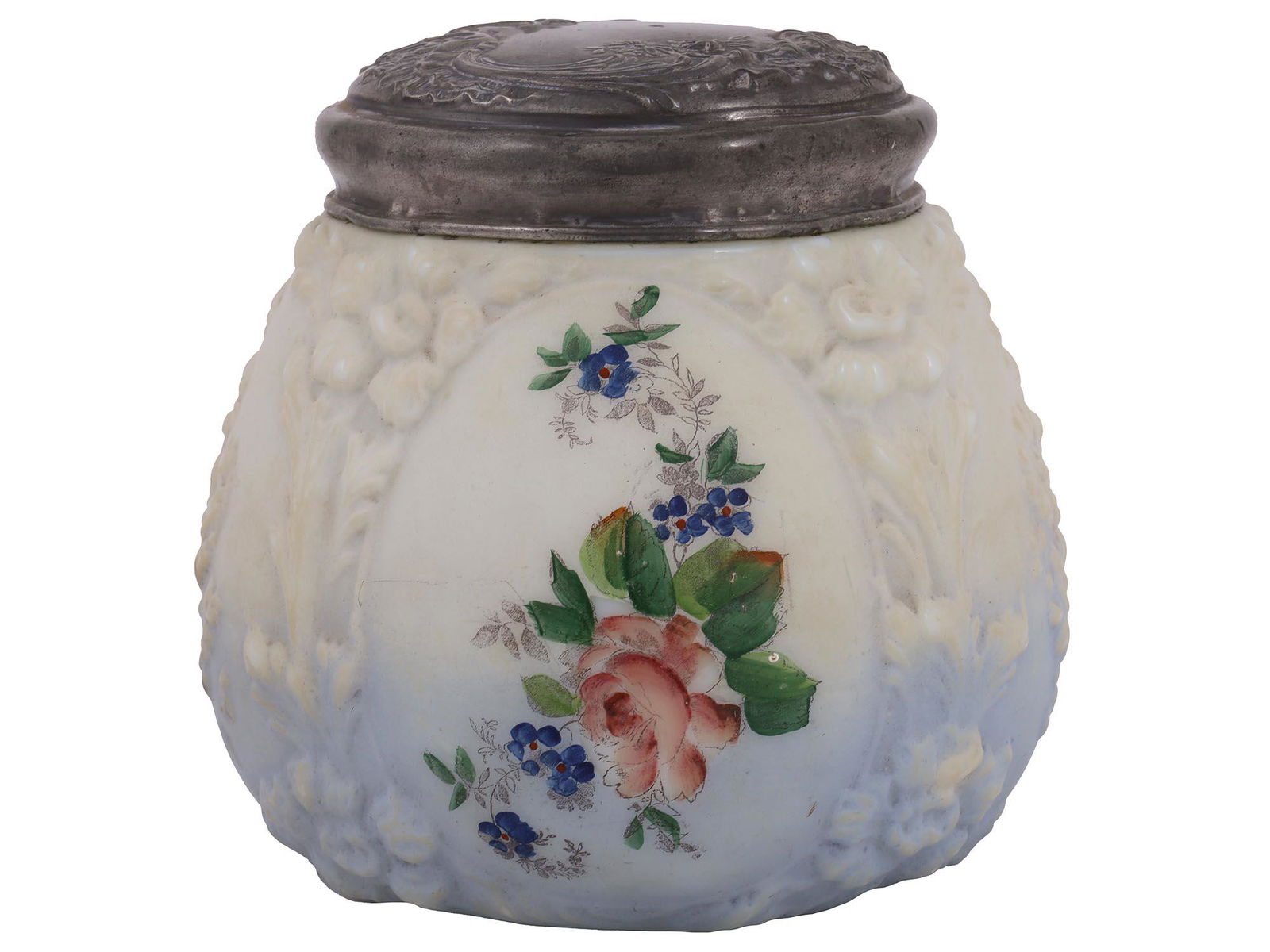 ANTIQUE FRENCH COVERED FLORAL OPALINE GLASS JAR (1 of 6)