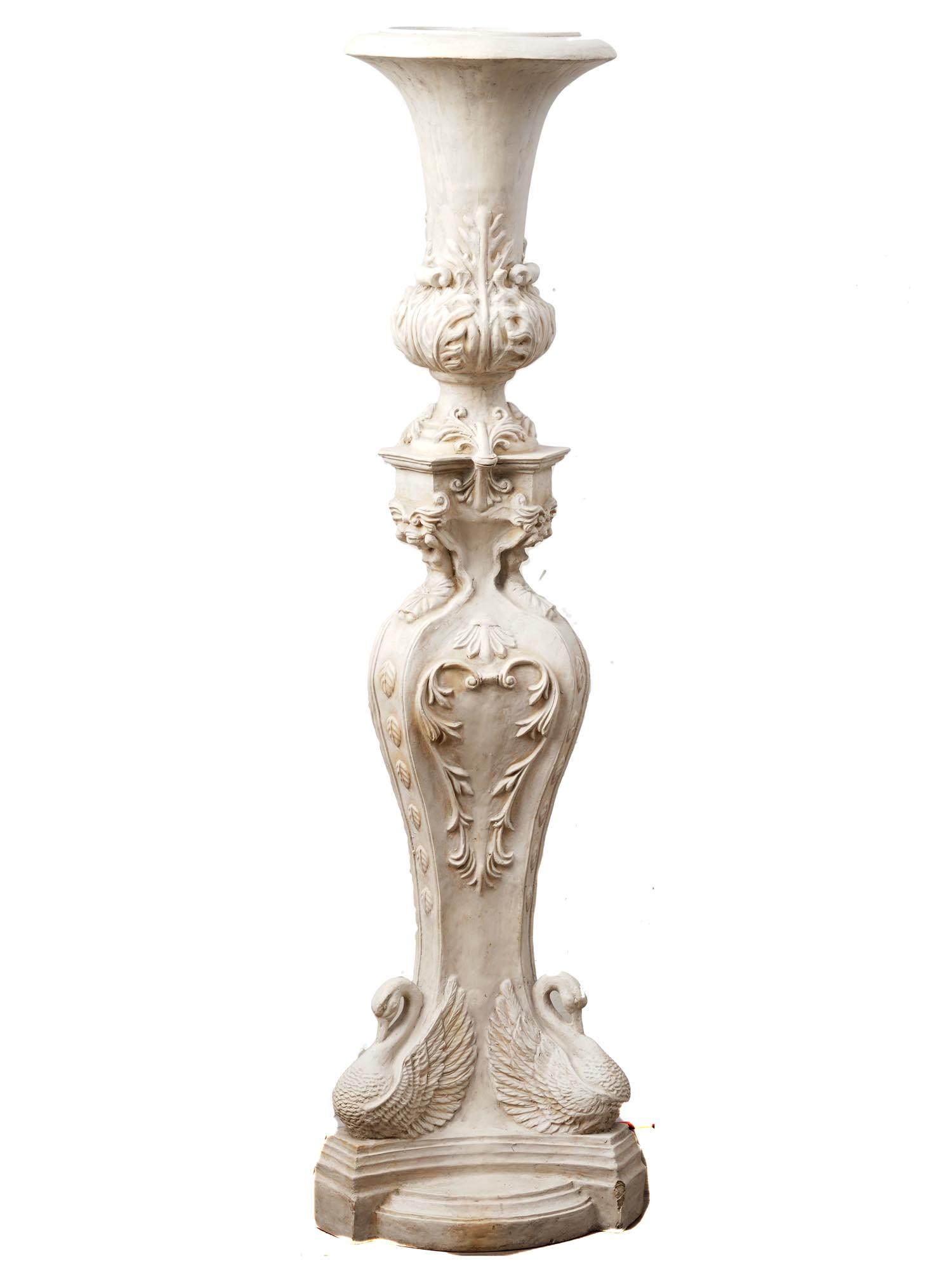 VINTAGE FIGURAL FIBER GLASS MOLDED CANDLE HOLDER: A vintage figural fiber glass molded candle holder. the exterior of the candle holder is adorned with embossed foliage and scrollwork patterns and figurines in the shape of a swan on the base. Unmarke