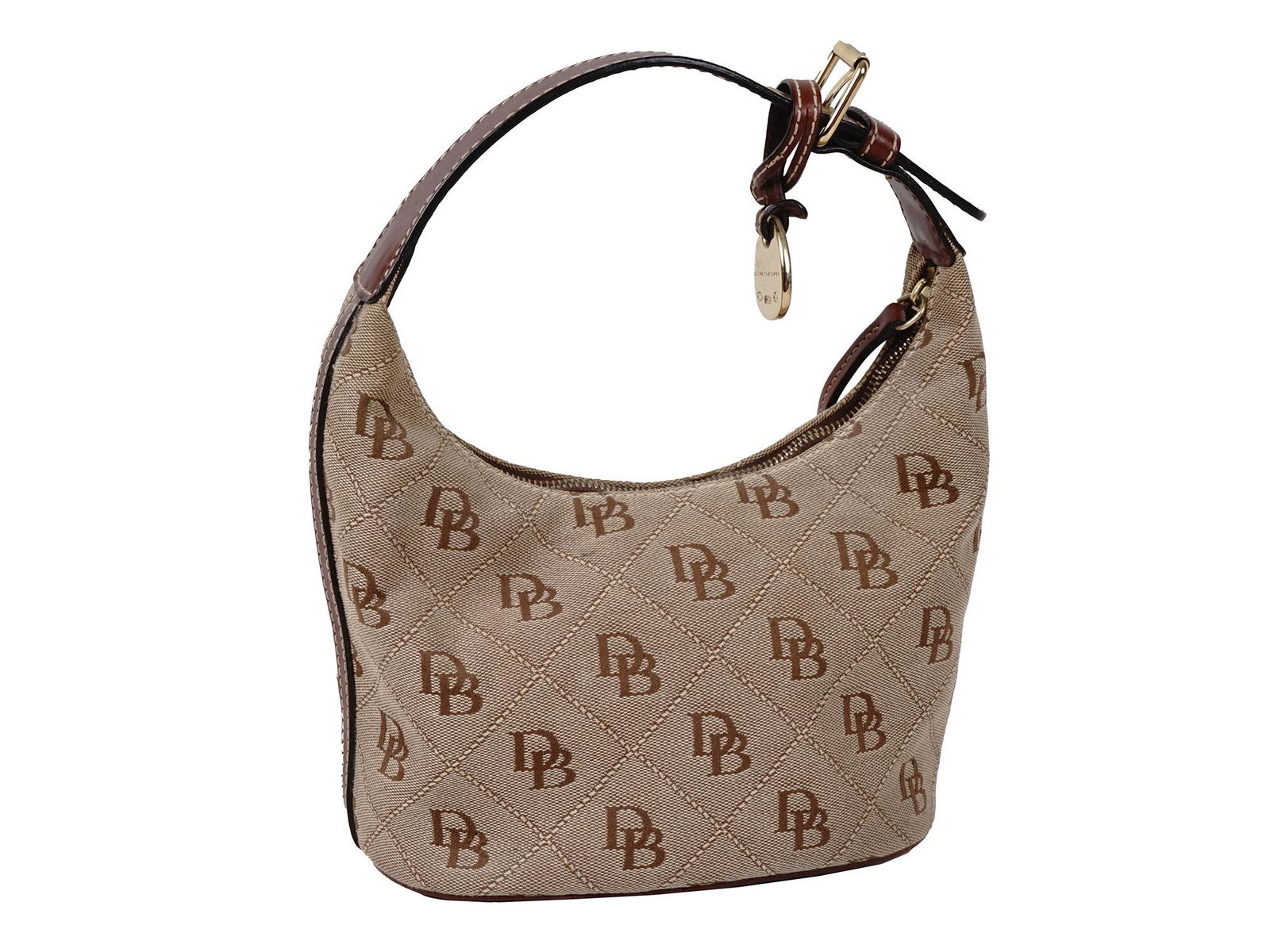 SMALL DOONEY AND BOURKE MONOGRAMMED HOBO HAND BAG: A small Dooney and Burke hobo hand bag. The bag is made of monogrammed canvas in a beige shade and brown leather. Gold tone metal hardware. Marked with an etched brand logo and other marks on the meta