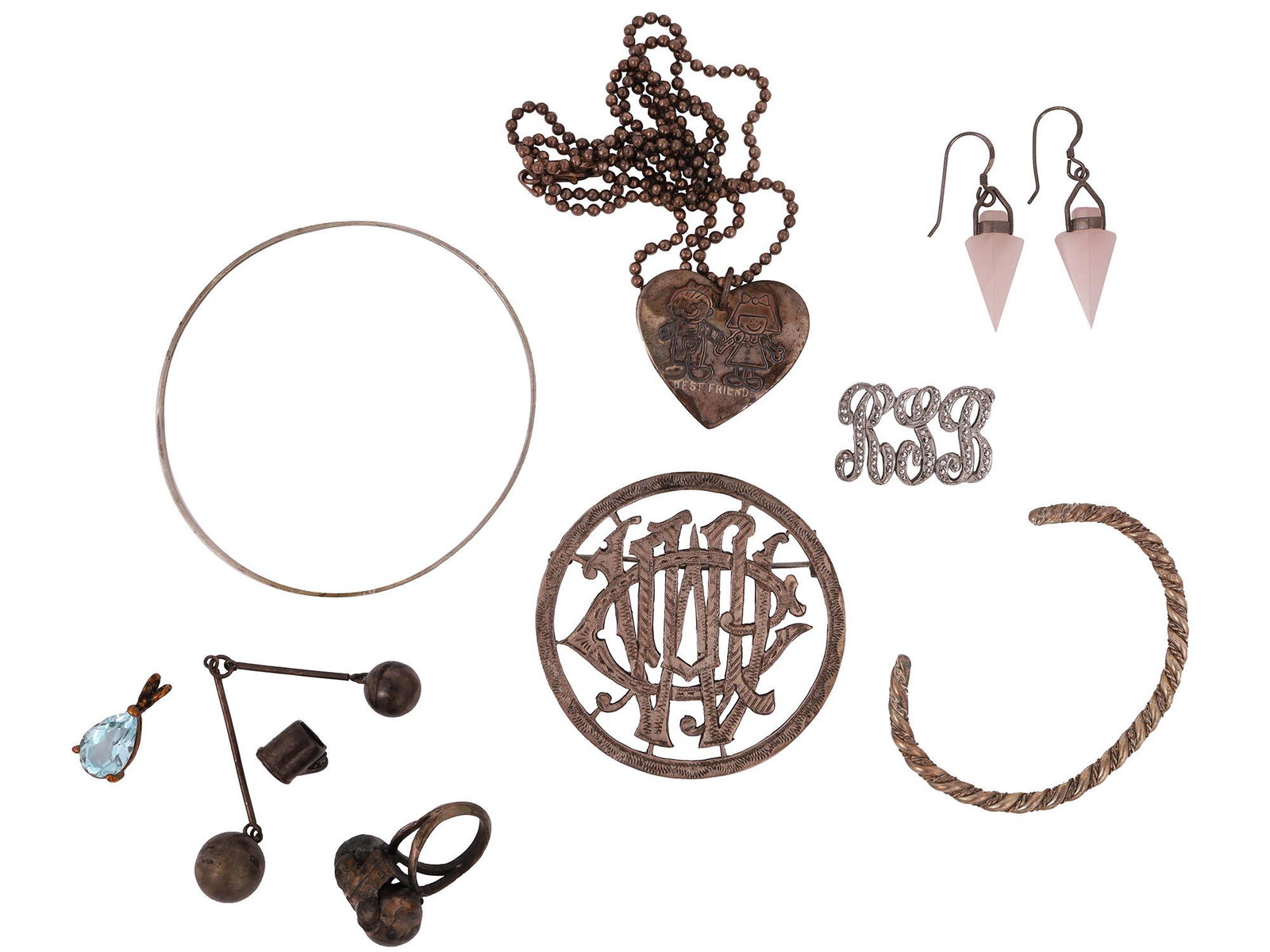 MISCELLANEOUS SILVER JEWELRY, LUCY ANN AND MORE: The lot includes a silver heart pendant bearing an engraved image of a boy and gild inscribed: Best Friends, pon the obverse and engraved inscription: Love, Johnathan, on the reverse, marked: Lucy Ann