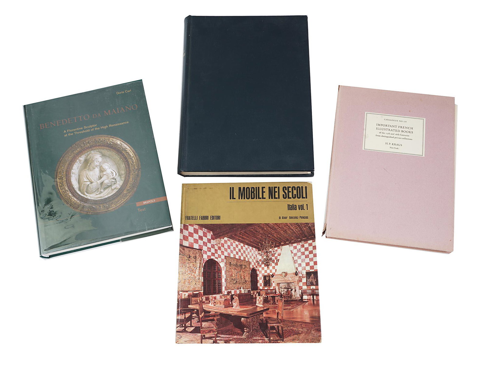 VINTAGE ITALIAN APPLIED ARTS BOOKS AND CATALOGUES: A lot of four vintage art books. Benedetto da Maiano, A Florentine Sculptor at the Threshold of the High Renaissance by Doris Carl, published by Brepols, 2006, in original dust jacket. Il Mobile nei S