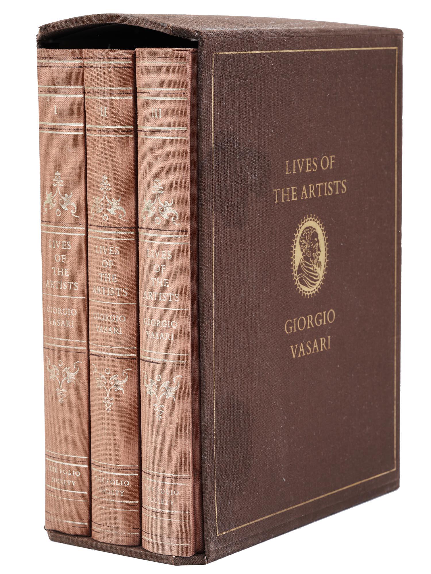 LIVES OF THE ARTISTS BY GIORGIO VASARI IN 3 VOLS: A complete set of Lives of the Artists by Giorgio Vasari. Three fabric hardcover volumes in original slip case. Published by The Folio Society London in 1993. Translated by George Bull. Giorgio Vasari
