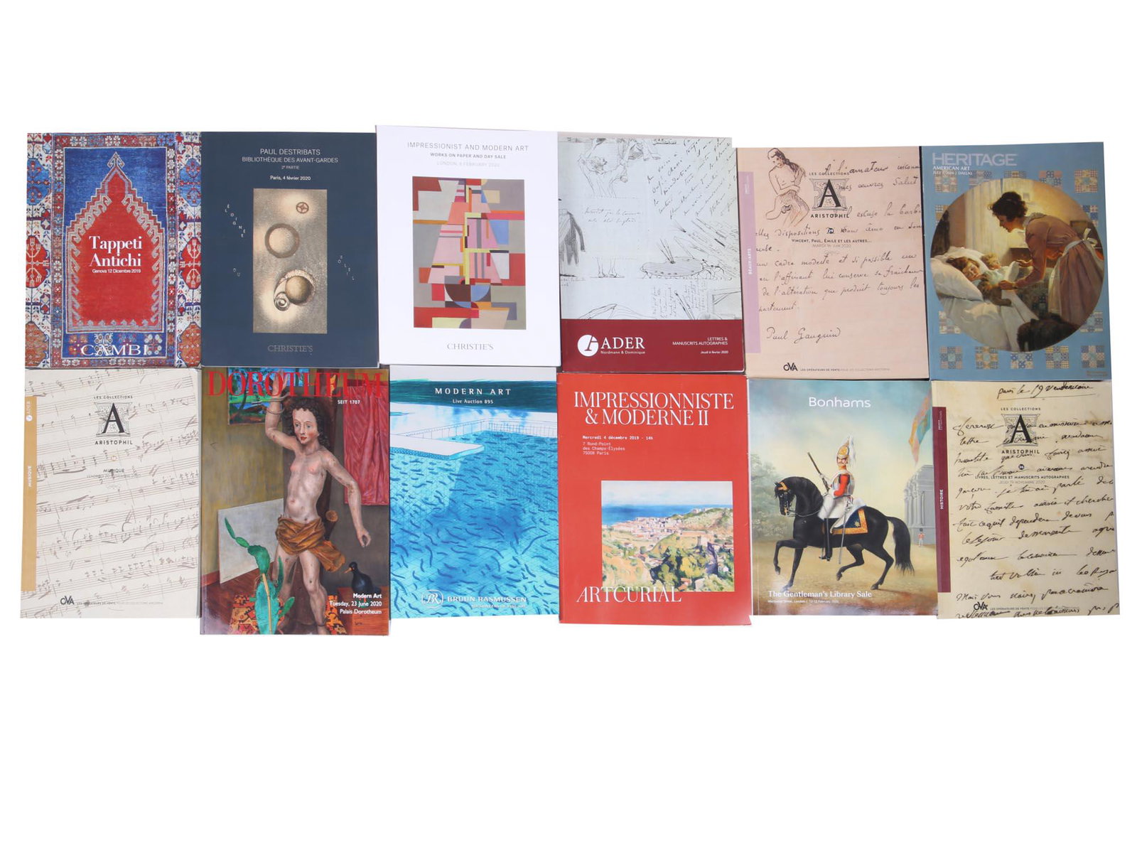 COLLECTION OF ART MAGAZINES AND AUCTION CATALOGS: A collection of art magazines and auction catalogs. The collection includes a Cambi Ancient carpets catalog 2019; Impressionist and Modern by Artcurial; Heritage American Art Auction 8007 2020 Dallas;