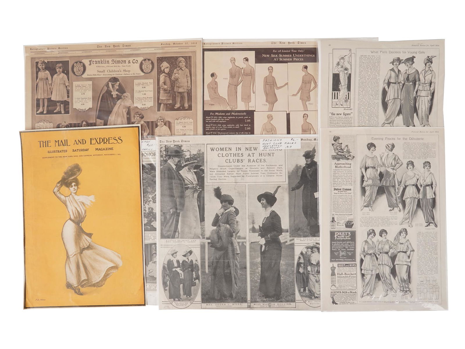 ANTIQUE THE NEW YORK TIMES FASHION ADVERTISEMENT: A collection of antique early 20th century fashion advertisement publications. Includes The New York Times Sunday October 27, 1918, Franklin Simon and Co. advertisement; The New York Times Sunday June