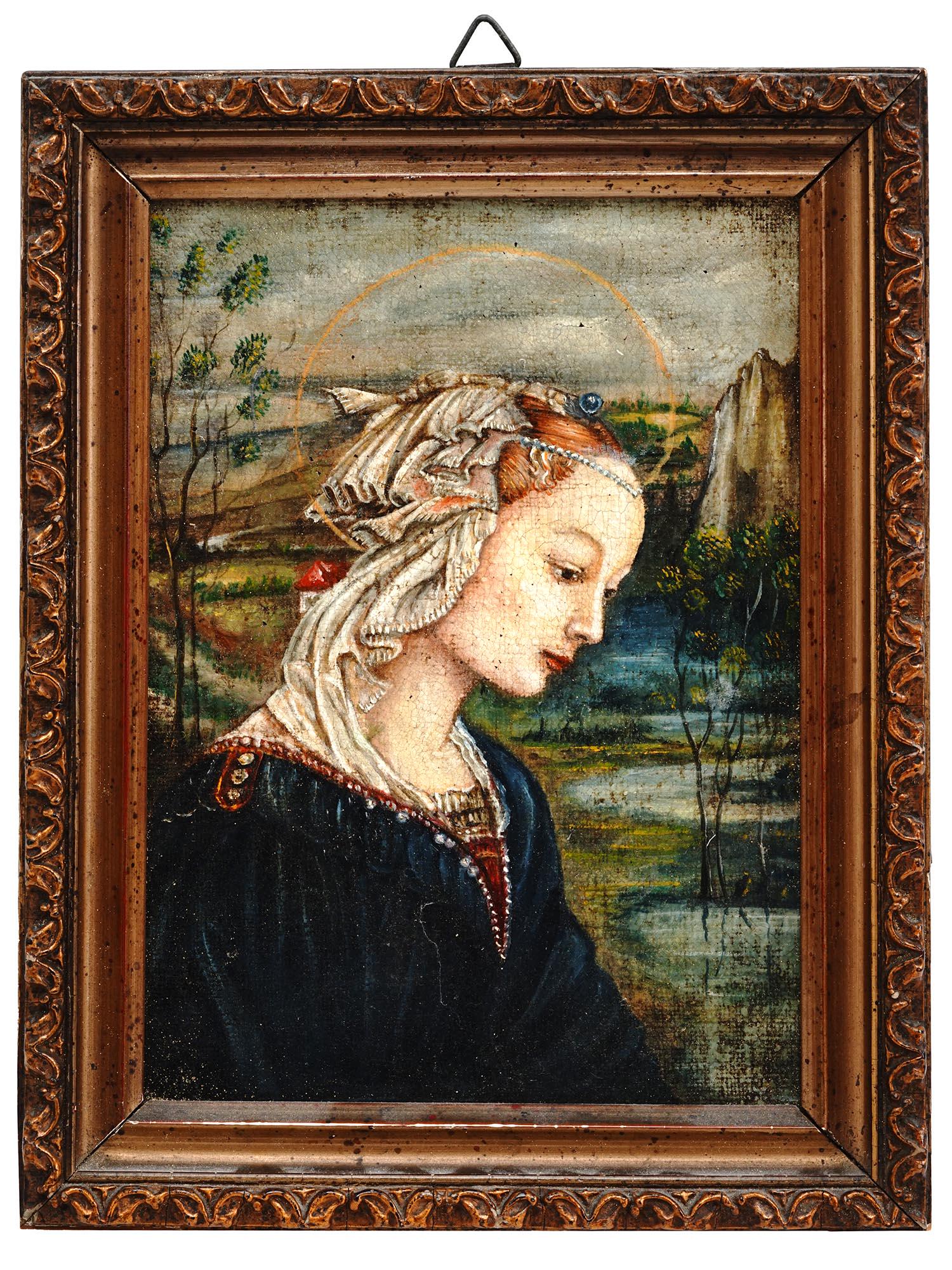 ANTIQUE OIL PAINTING MADONNA AFTER FILIPPO LIPPI: An antique oil on canvas painting, a copy of the 1465 artwork titled Madonna with the Child and two Angels by Fra Filippo Lippi, 1406 to 1469, an Italian painter of the Early Renaissance and a Carmeli