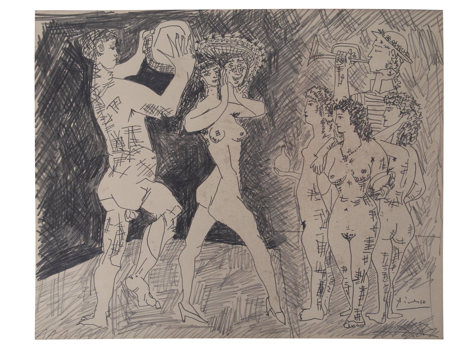 A PENCIL PARADE DRAWING AFTER PABLO PICASSO: Pablo Picasso (Spanish, 1881-1973) pencil on heavy paper drawing attributed as "Parade". Undated, but signed. The offered drawing comprises part of the "Pacific Palisades Collection" named so for thei