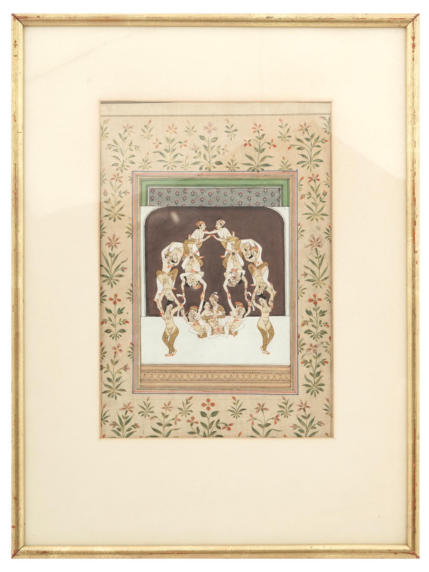 ANTIQUE MINI INDO PERSIAN MUGHAL EROTIC PAINTING: An antique Indo Persian Mughal Art miniature gouache painting on antique leaf depicting an erotic composition with couples painted in bold colors and with fine details. The painting is adorned with ha