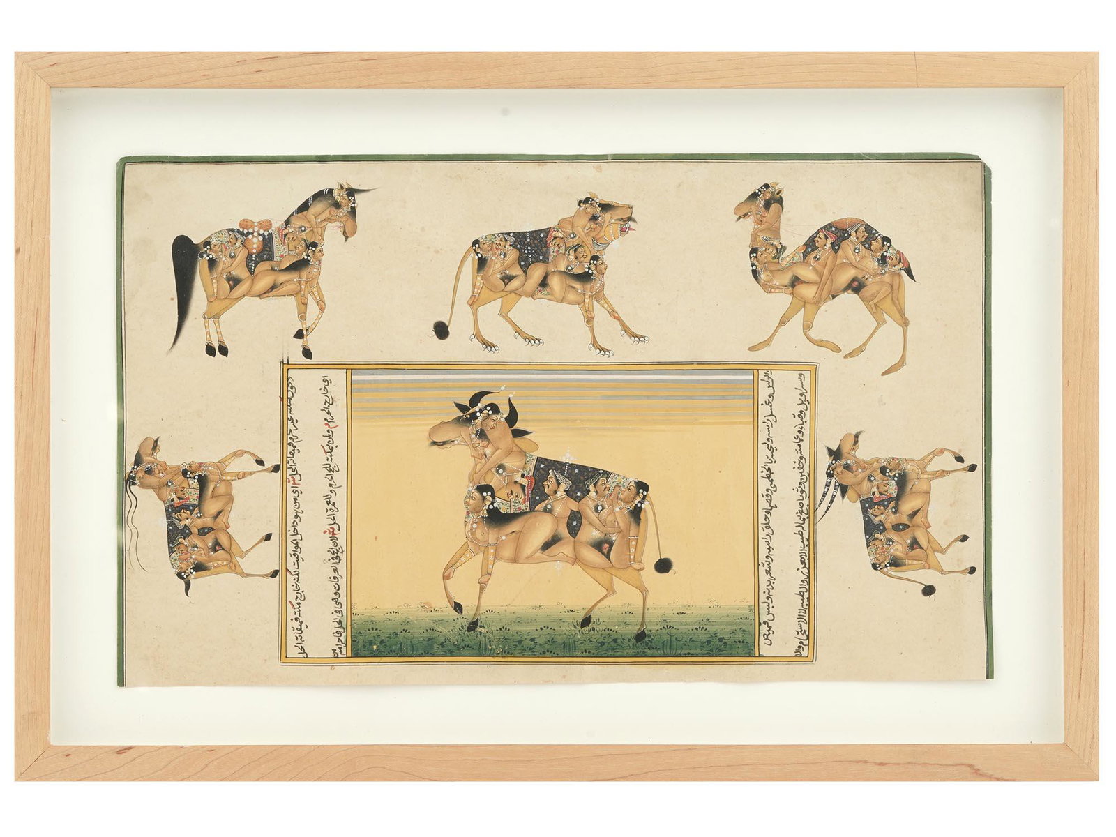 INDIAN EROTIC MINI KAMASUTRA PAINTING MANUSCRIPT: An antique Indian Mughal Art miniature gouache painting on antique manuscript leaf depicting images of various animals with kamasutra erotic scenes in bold colors and fine details. Carefully written w
