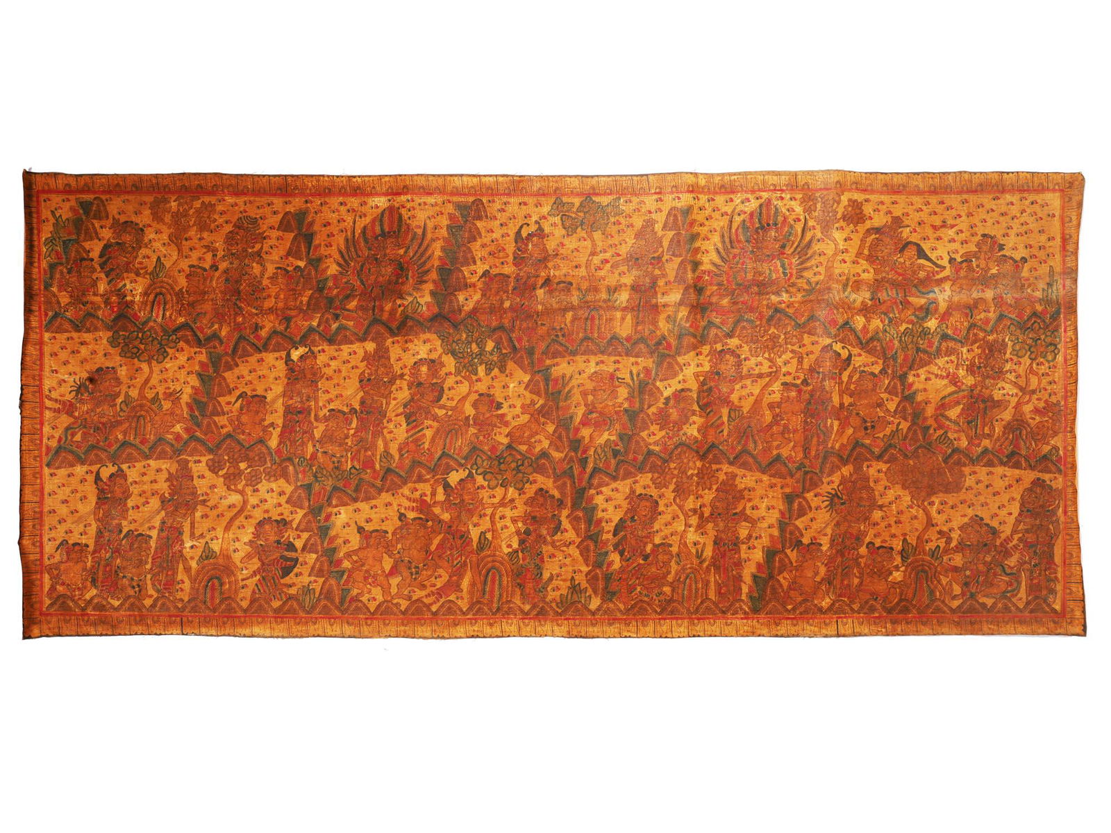 LARGE ANTIQUE 1800S NEPALESE PAINTING ON FABRIC: A large antique Nepalese watercolor painting on linen depicting various ceremonial and live scene with male and female figures, flowers, trees, and geometrical ornaments. Circa: 1800s. Antique Asian a