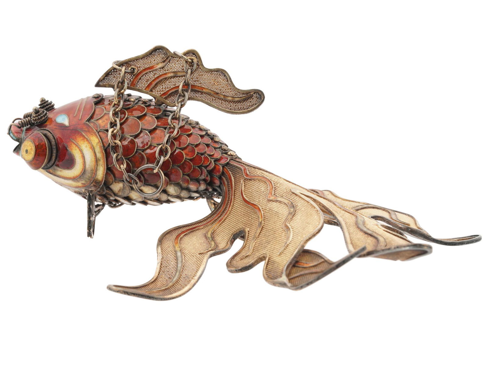 CHINESE FILIGREE SILVER AND ENAMEL ORANGE FISH (1 of 5)