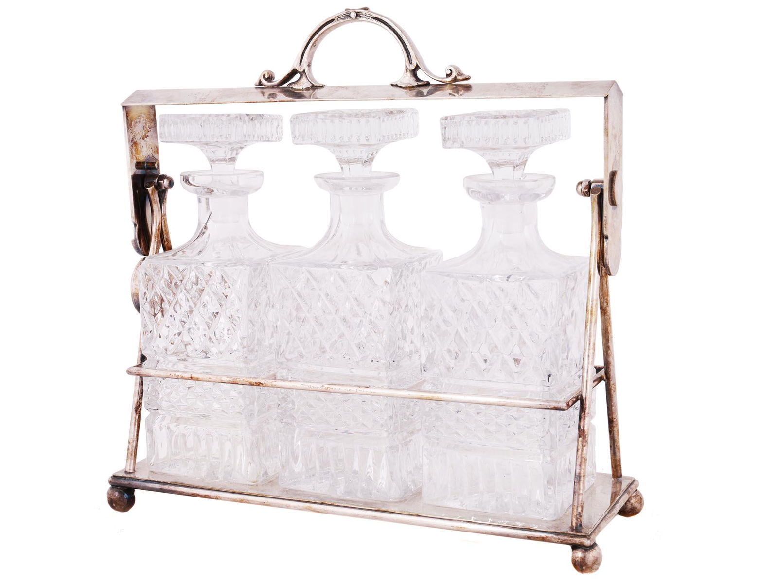 ANTIQUE SILVER PLATED TANTALUS SET WITH DECANTERS (1 of 5)