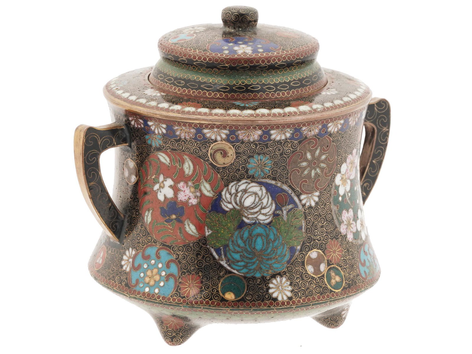 ANTIQUE JAPANESE MEIJI CLOISONNE ENAMEL TEA CADDY: An antique Japanese Meiji Era enamel tea caddy with a pair of handles. Circa: early 20th century. The exterior of the ware is enameled with round shaped polychrome medallions with images of blossoming